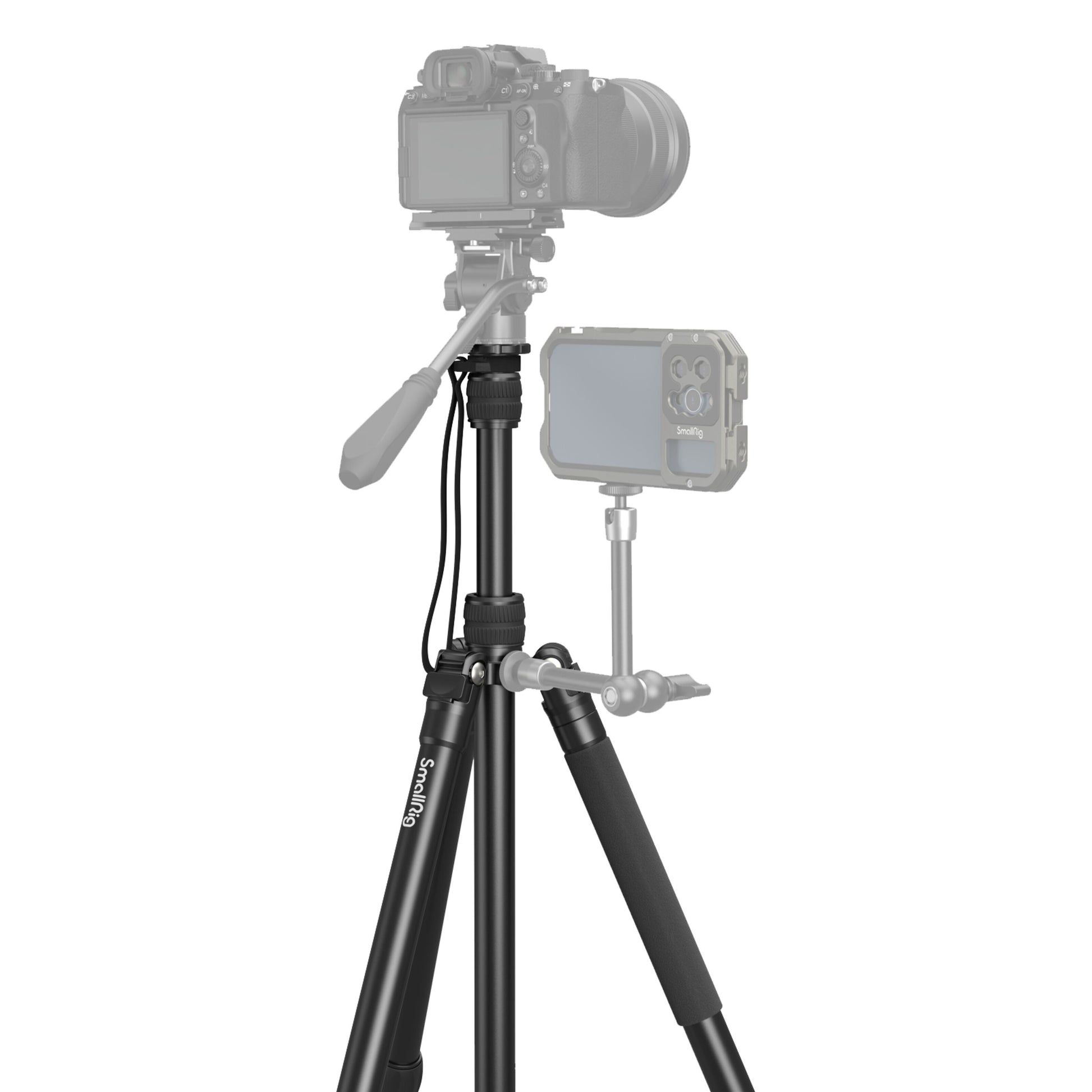 SmallRig 3760 Video Tripod CT180 sort med mobilholder, DSLR-kamera på top, smartphone på sidearm, begge vendt fremad.