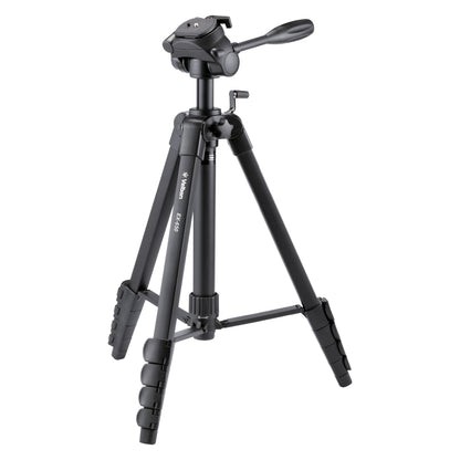 Velbon EX-650 sort stativ med justerbare ben, midtersøjle, pan-tilt greb og mobilholder til kamera eller mobil.