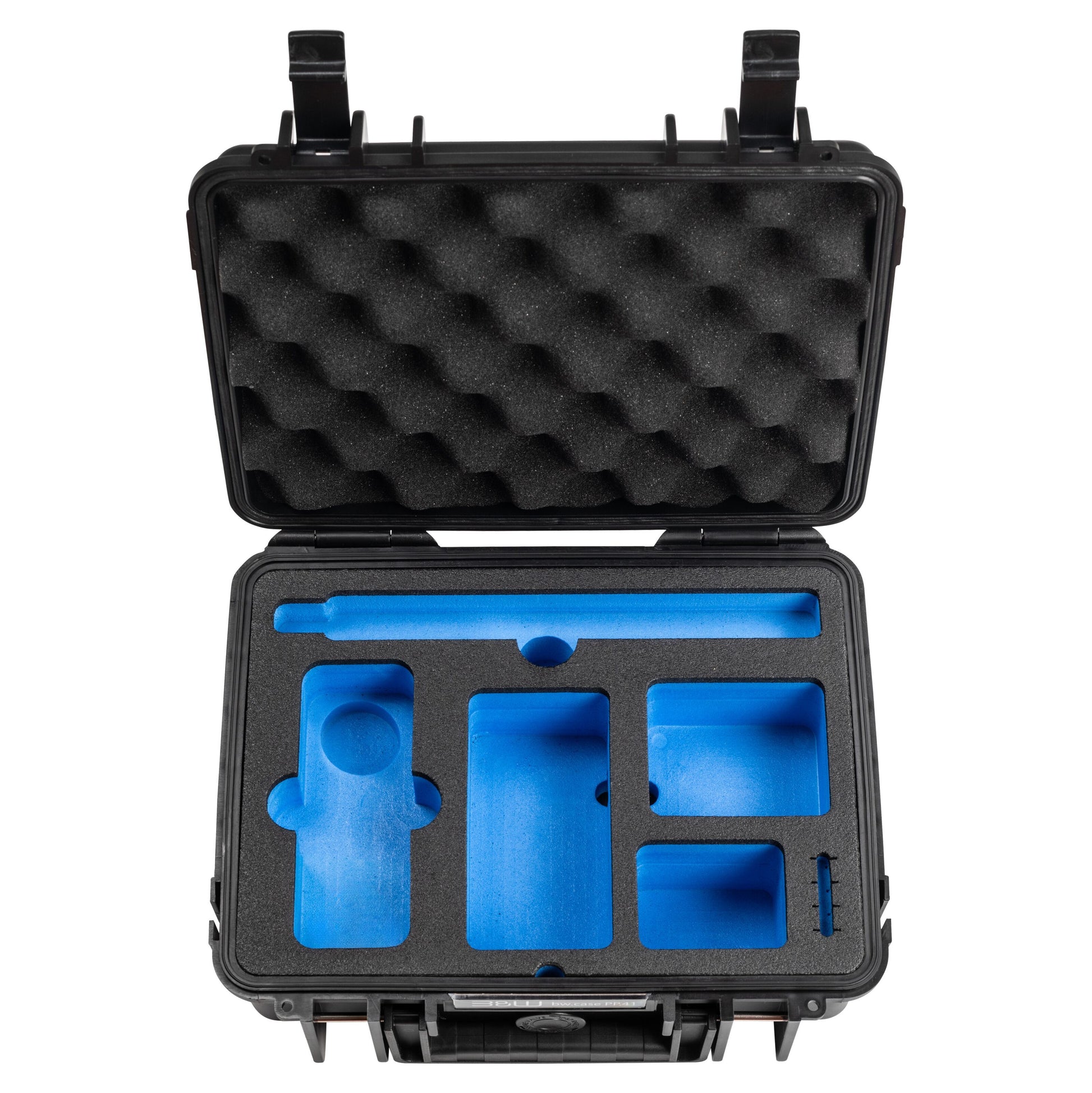Outdoor Case Type 1000 til Insta360 X4 hardcase sort, vandtæt med formskåret sort skum og blå indlæg.