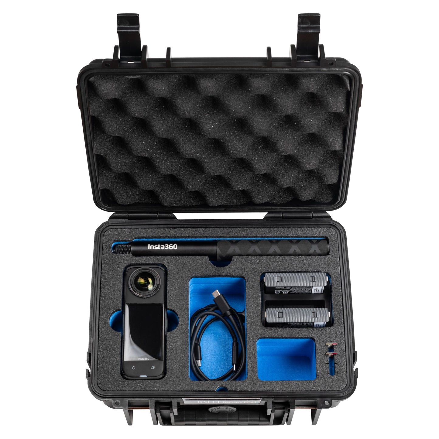 BW Outdoor Case Type 1000 til Insta360 X4 med specialudskåret skum, vandtæt låg og æggebakke-skumpolstring.