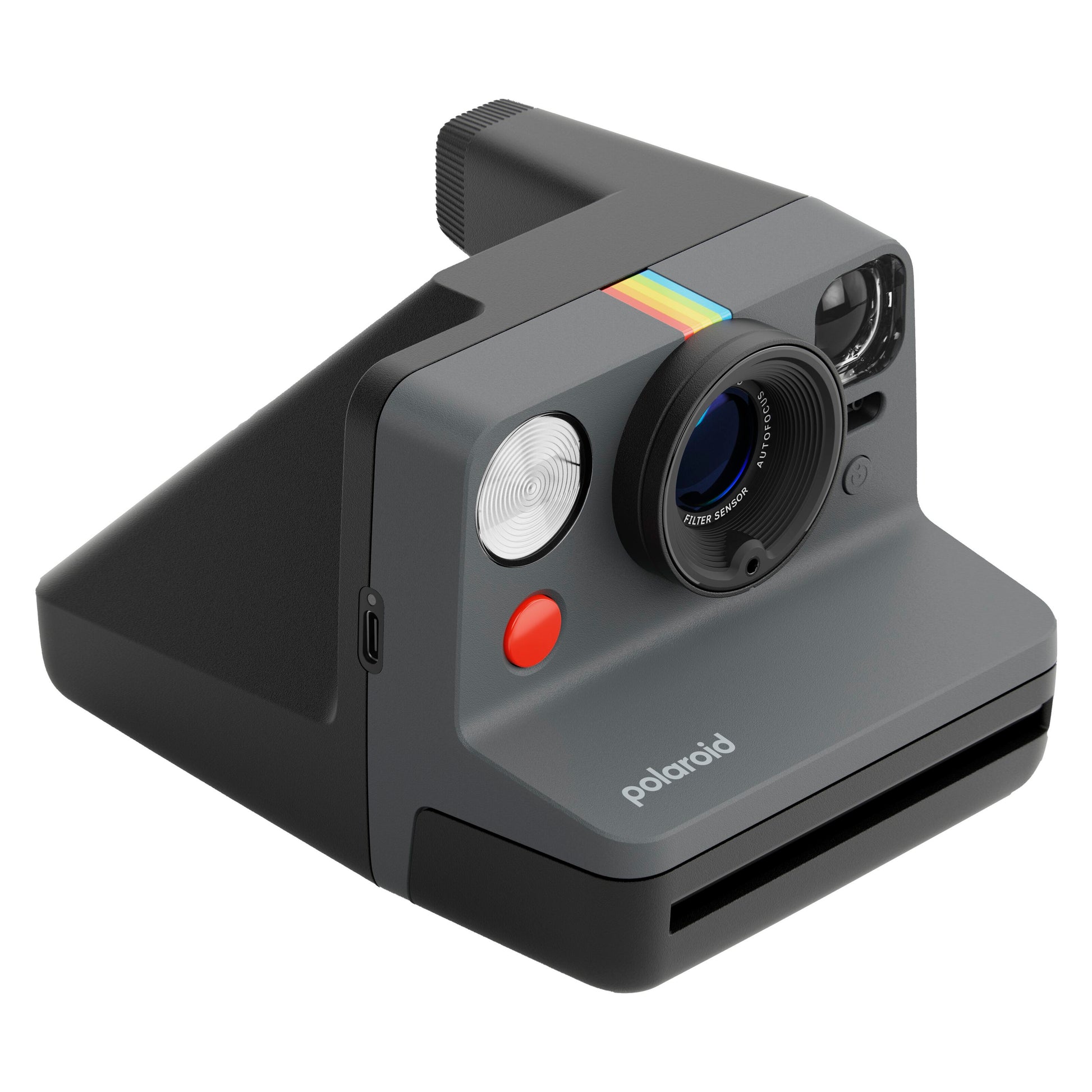Polaroid Now Gen 3 Sort med film, grå kamerahus, regnbuestribe, frontflash, udløserknap, søger og logo.