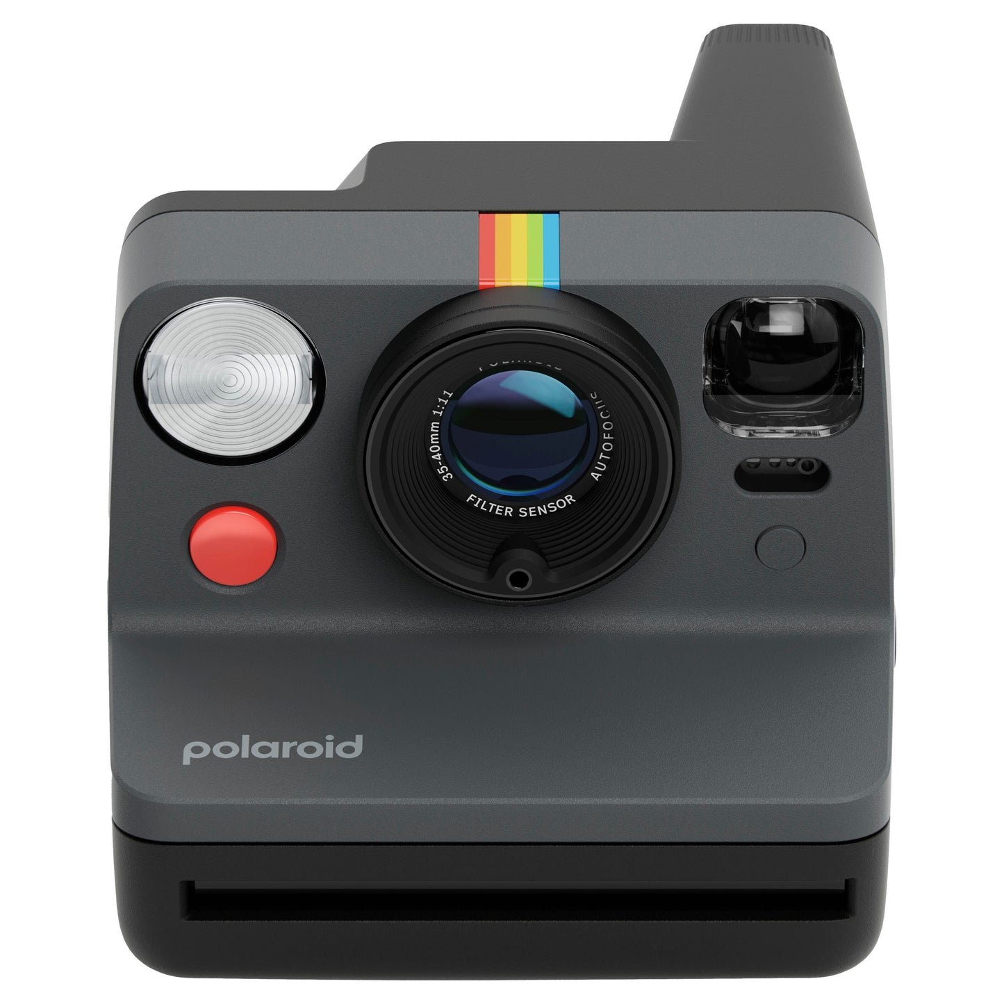 Polaroid Now Gen 3 Sort instantkamera, grå og sort, central linse, rød udløser til venstre, regnbuestribe over linsen.