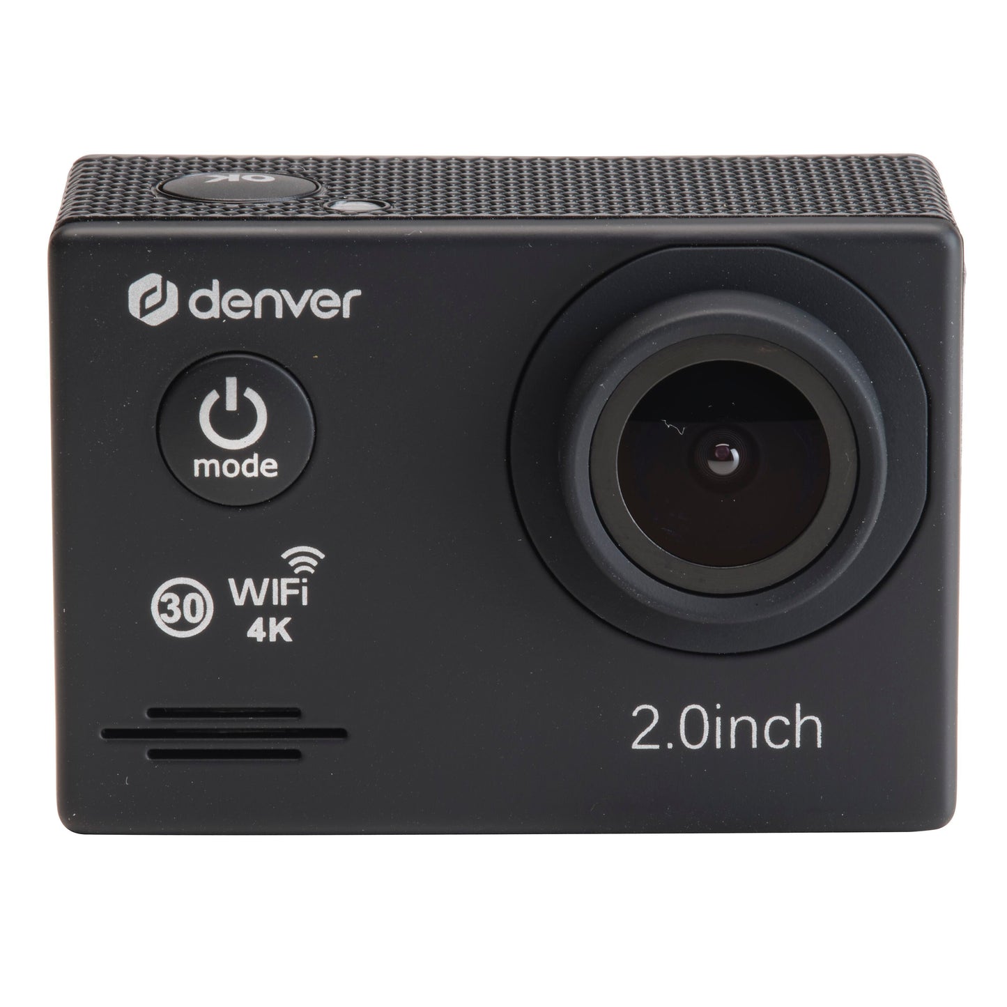 Denver ACK-8064 actionkamera 4K med wifi, synligt objektiv, mode- og tænd/sluk-knap, WiFi-ikon, 2,0" displaymærke, tekstureret greb.