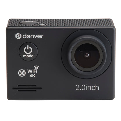 Denver ACK-8064 actionkamera 4K med wifi, synligt objektiv, mode- og tænd/sluk-knap, WiFi-ikon, 2,0" displaymærke, tekstureret greb.