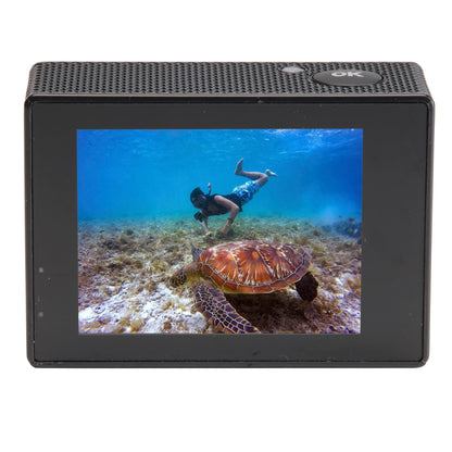 Actionkamera Denver ACK-8064 4K med wifi, optager undervandsscene på skærmen med snorkler og havskildpadde.