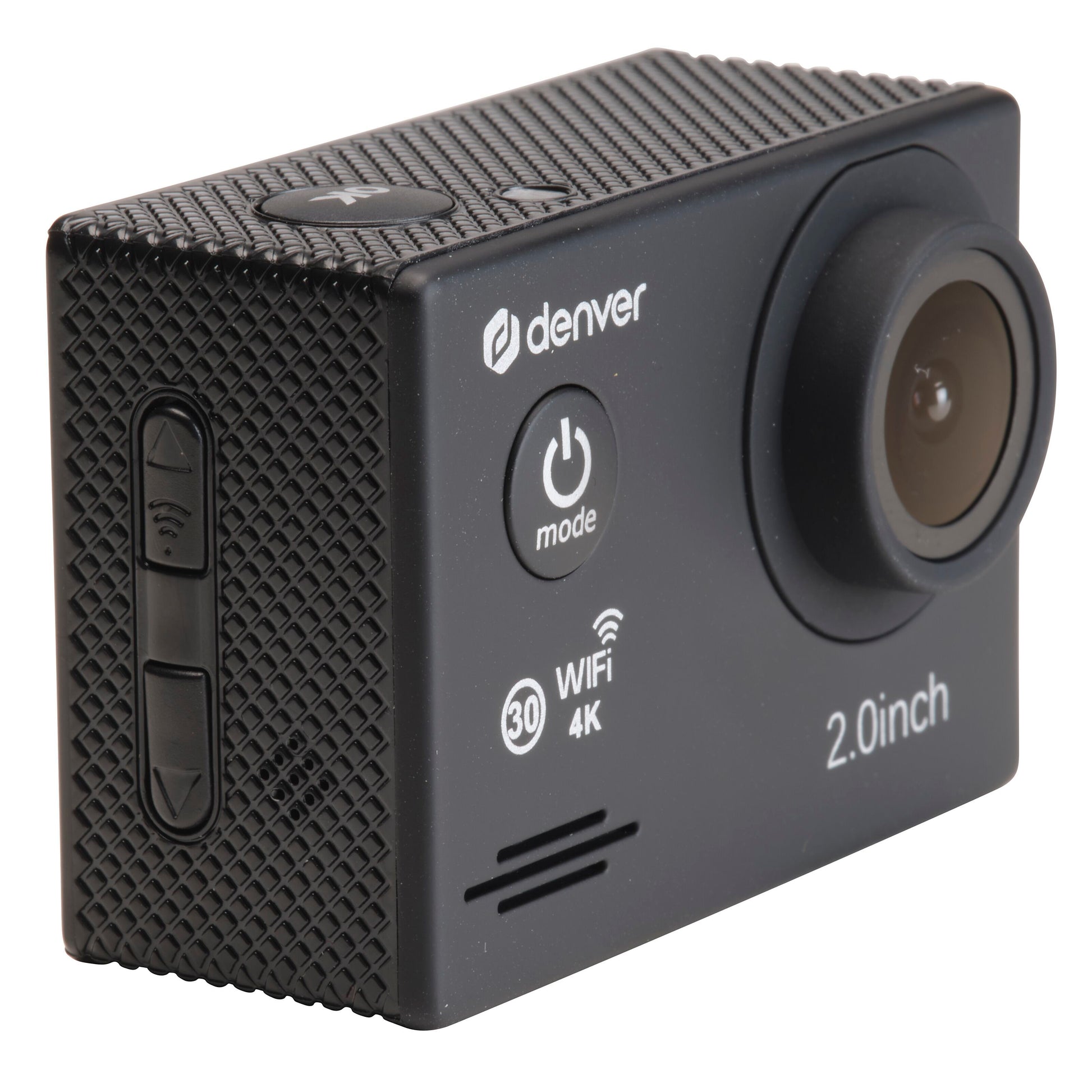 Denver ACK-8064 actionkamera 4K sort med bred linse, power/mode-knapper, WiFi/4K-indikatorer, "2.0 inch" frontikoner.