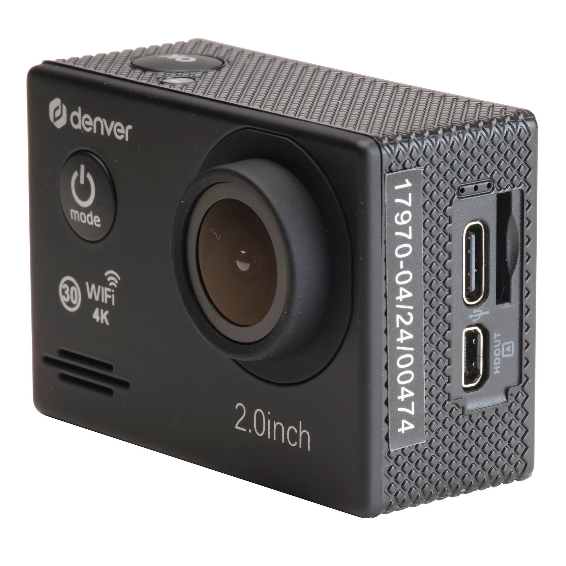 Denver ACK-8064 4K actionkamera med 2,0" skærm, frontlinse, sidesknapper, synlige USB/HDMI-porte og WiFi/modeikoner.
