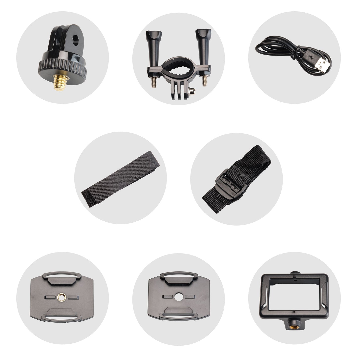 Denver ACK-8064 Actionkamera 4k wifi tilbehør: stativbeslag, styrbeslag, USB-kabel, to stropper, tre monteringsplader.
