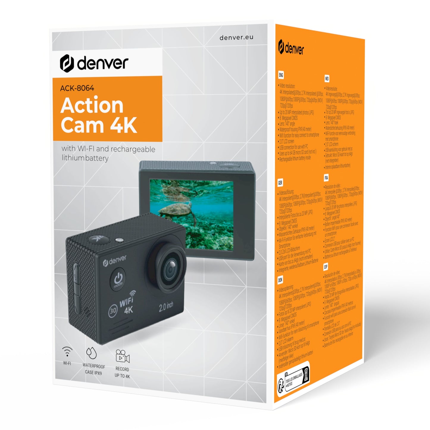 Denver ACK-8064 actionkamera 4K, Wi-Fi, vandtæt 40 m, genopladeligt batteri, 2" LCD-skærm, 140° linse, 20MP fotos.