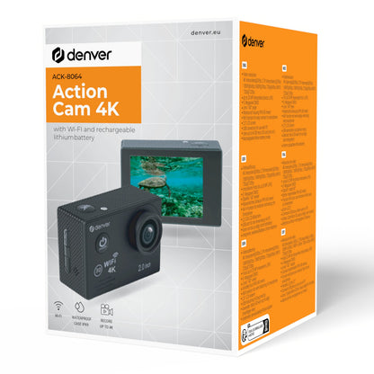 Denver ACK-8064 actionkamera 4K, Wi-Fi, vandtæt 40 m, genopladeligt batteri, 2" LCD-skærm, 140° linse, 20MP fotos.