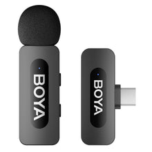 Boya BY-V10 trådløs mikrofon USB-C, sort, to enheder med skumvindskærme, frontknapper og synligt USB-C stik.