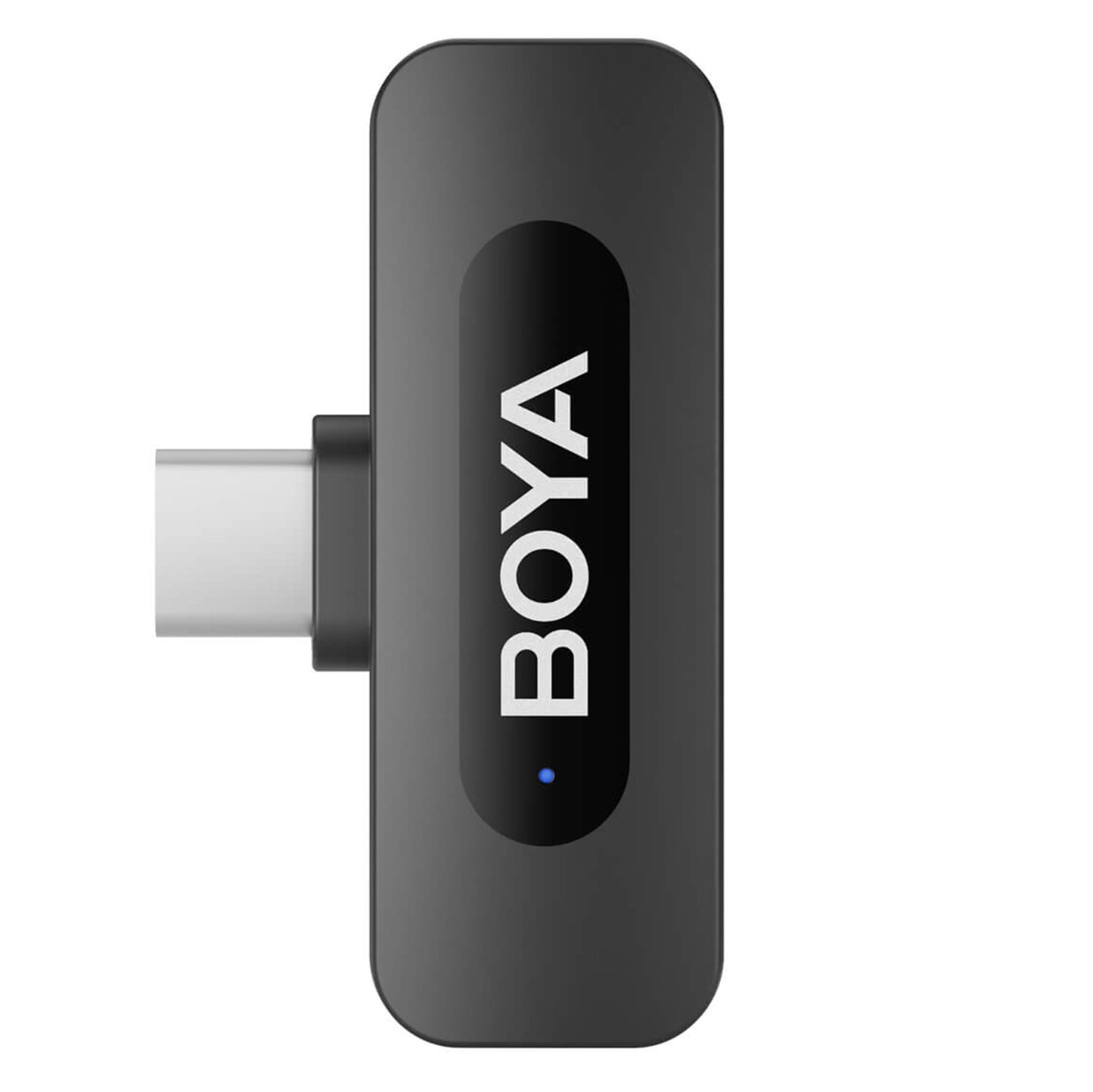 Boya BY-V10 trådløs mikrofon, sort rektangulær transmitter med USB-C stik, BOYA-logo og lille blå indikator på fronten.