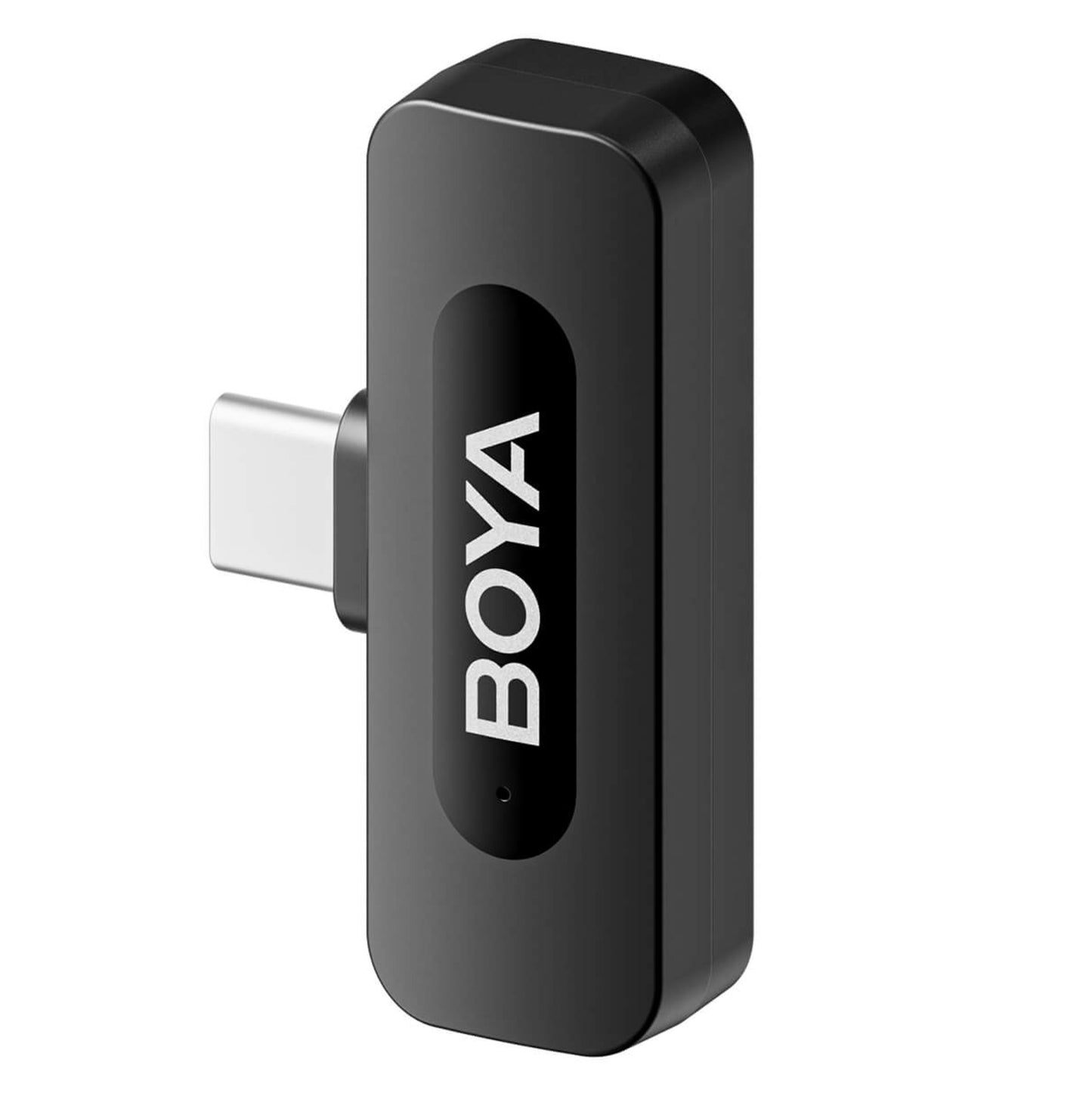 Boya BY-V10 sort rektangulær trådløs mikrofon USB-C modtager med Boya logo og lille front indikatorlys.