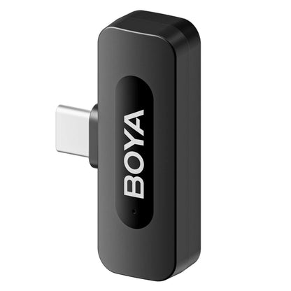 Boya BY-V10 sort rektangulær trådløs mikrofon USB-C modtager med Boya logo og lille front indikatorlys.