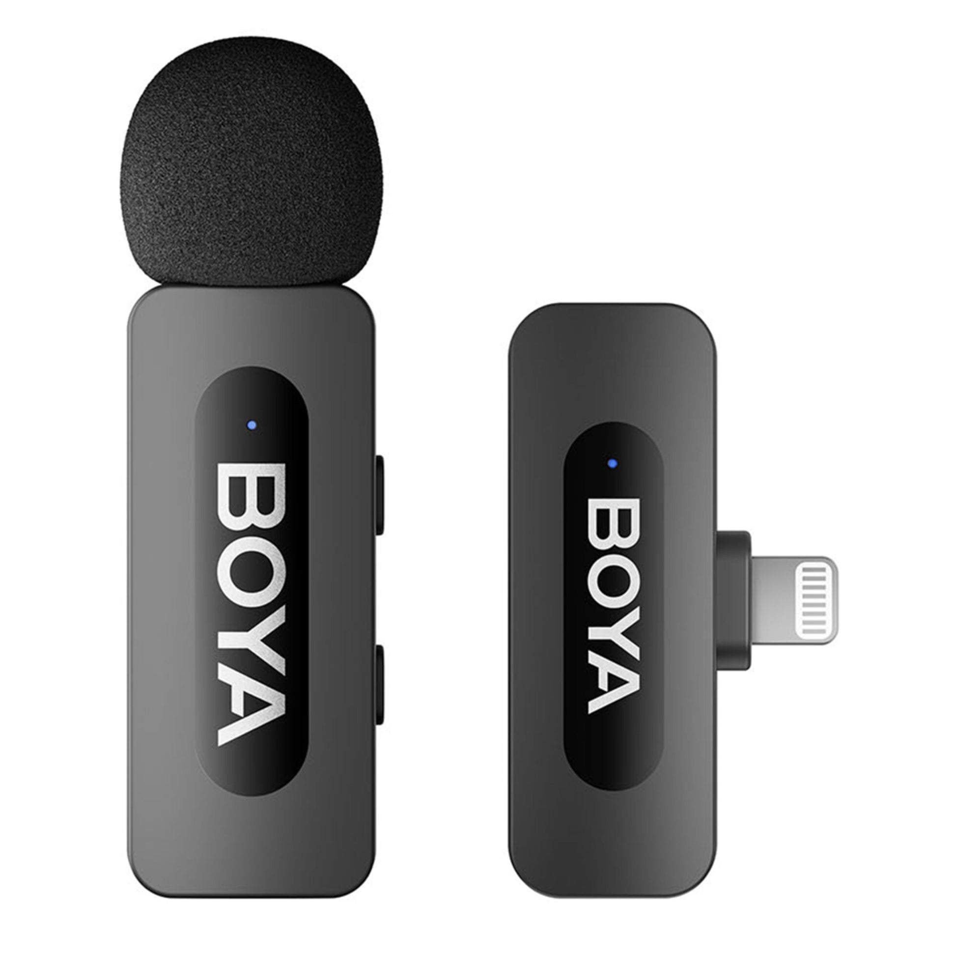 Boya BY-V10 sorte trådløse mikrofoner, én med skumvindhætte, én med Lightning-stik, begge med støjreduktion.