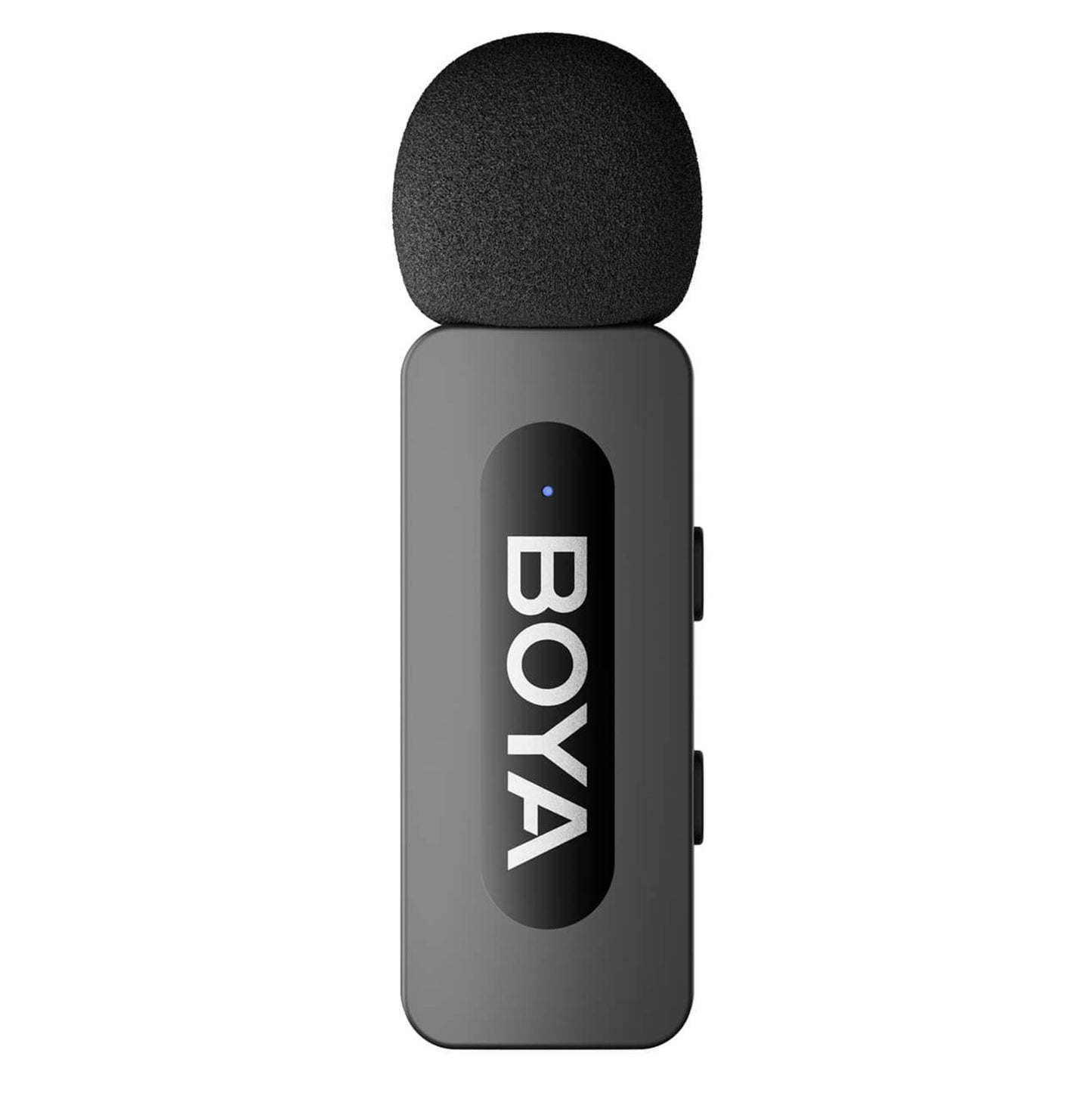 Boya BY-V10 trådløs mikrofon Lightning sort med støjreduktion, skumforrude, LED-indikator og to sideknapper.