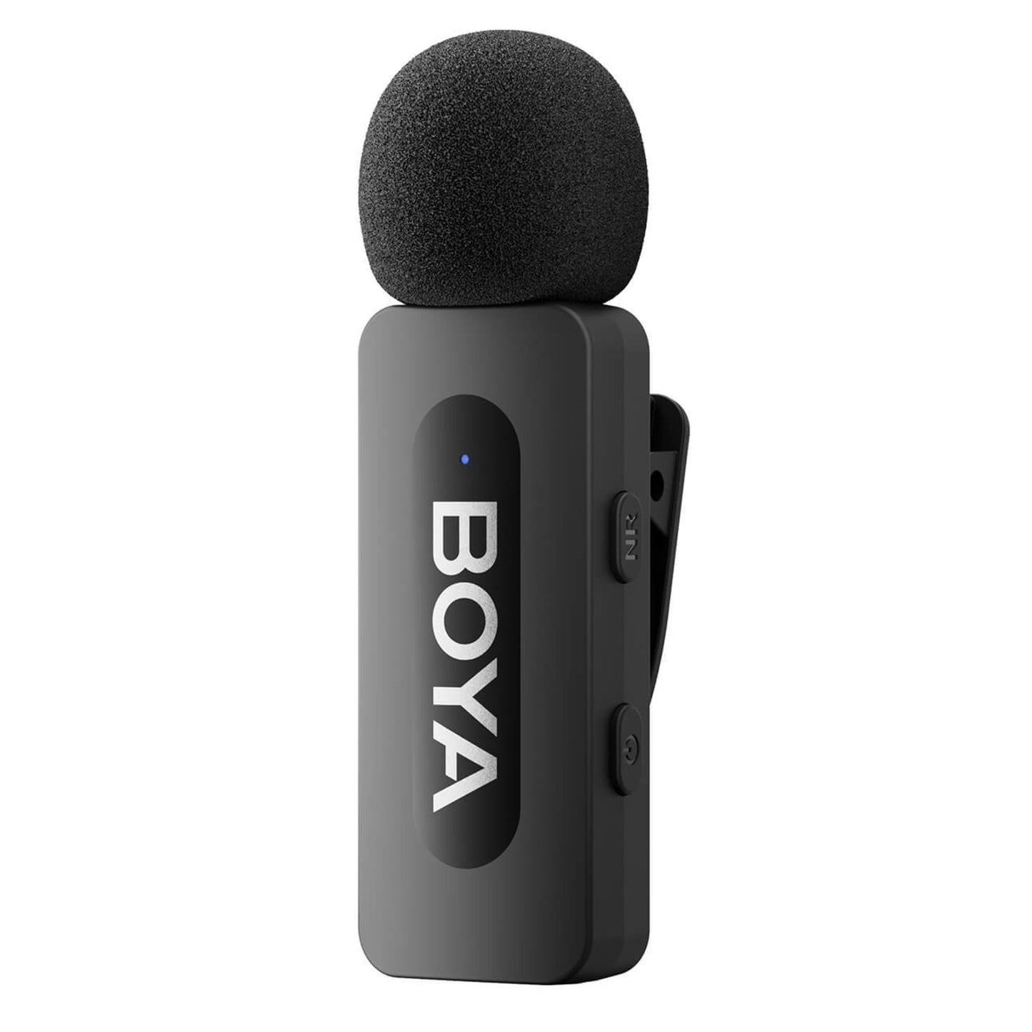 BOYA BY-V10 trådløs mikrofon Lightning sort, støjreduktion, skumvindhætte, sideclip, lodret BOYA logo foran.