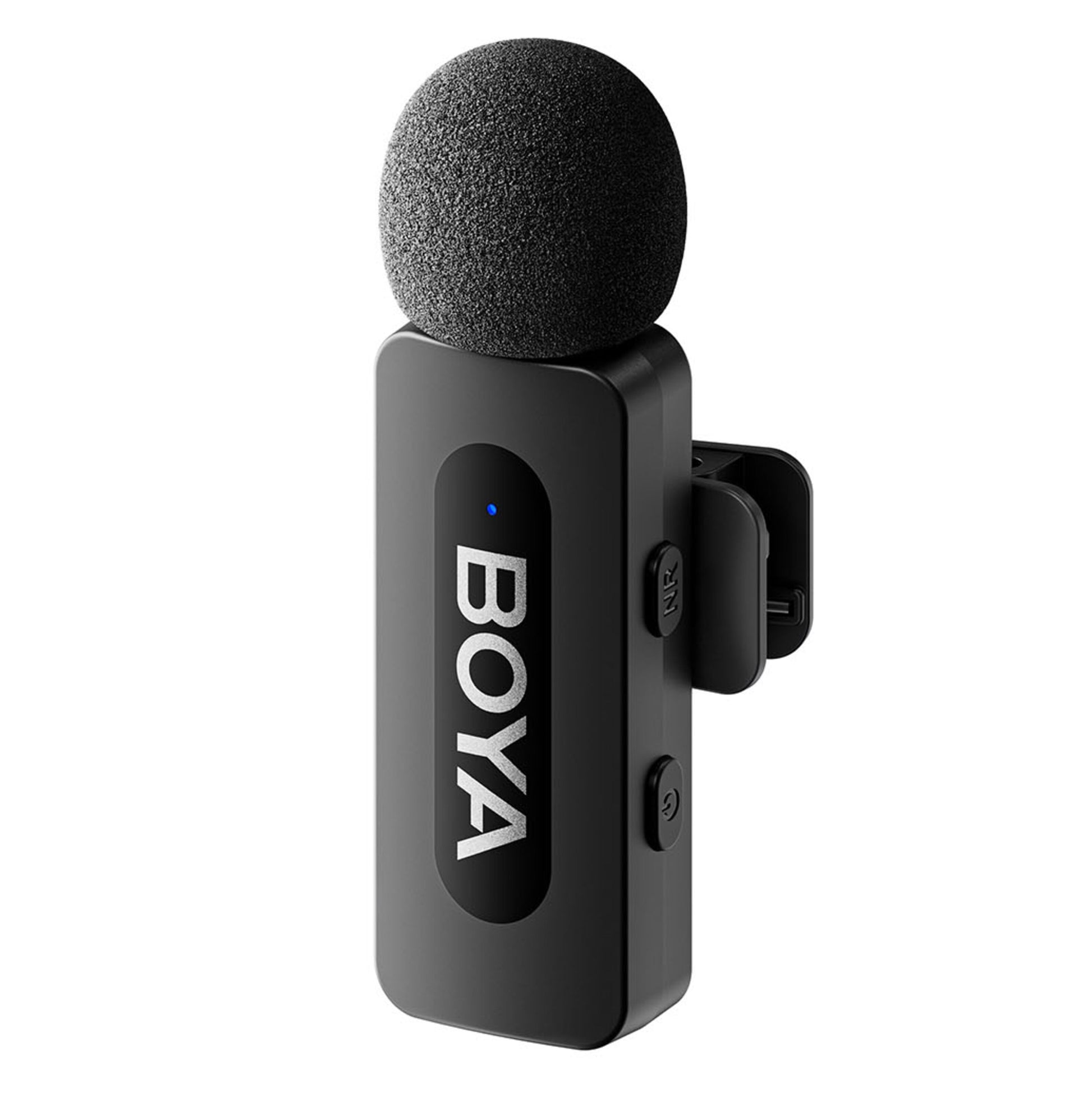 BOYA BY-V10 trådløs mikrofon Lightning, sort, skumvindhætte, kontrolknapper, støjreduktion, sideclip.