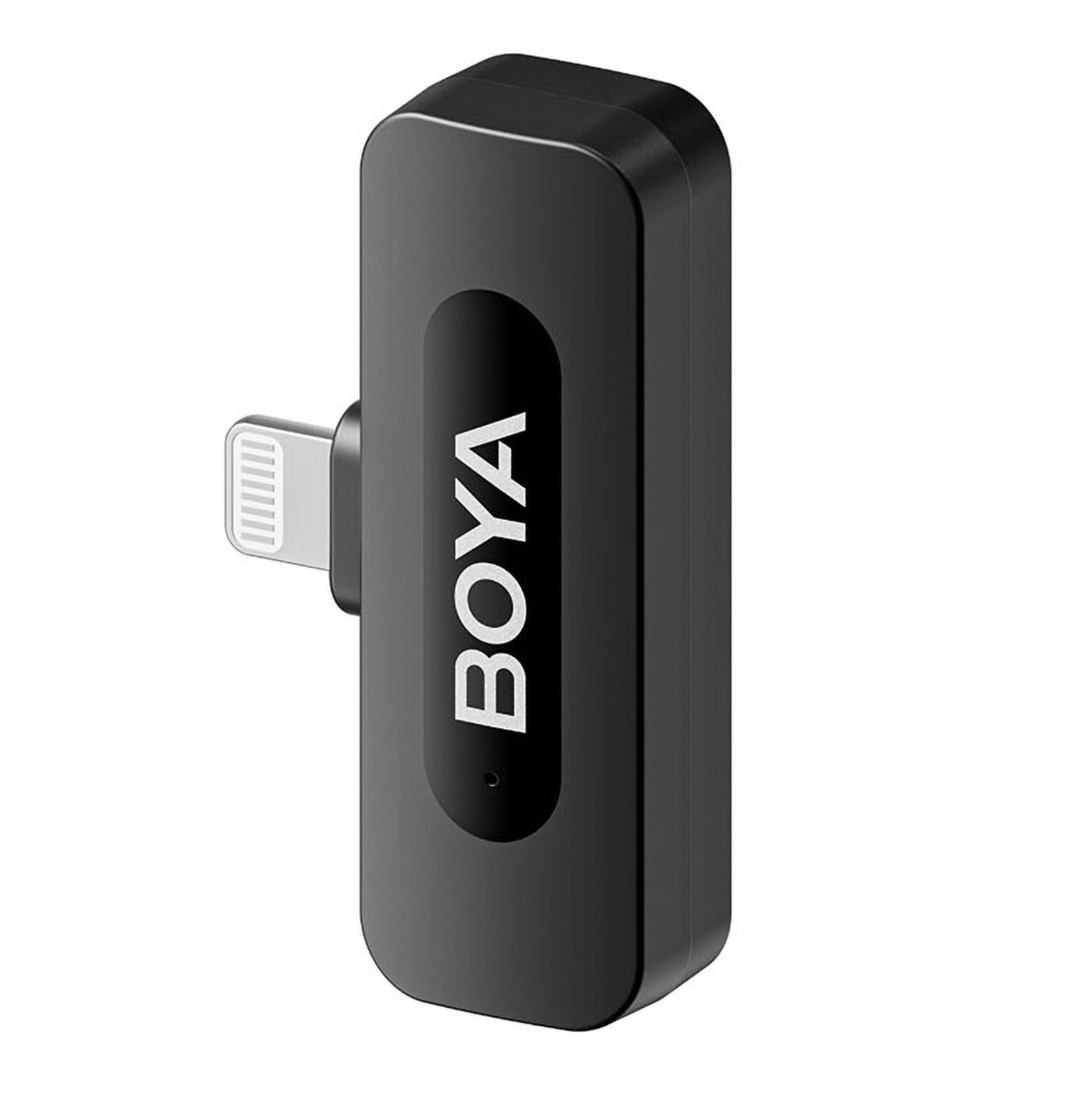 Boya BY-V10 trådløs mikrofon, sort, med Boya-logo, designet til Apple-enheder via Lightning-port.