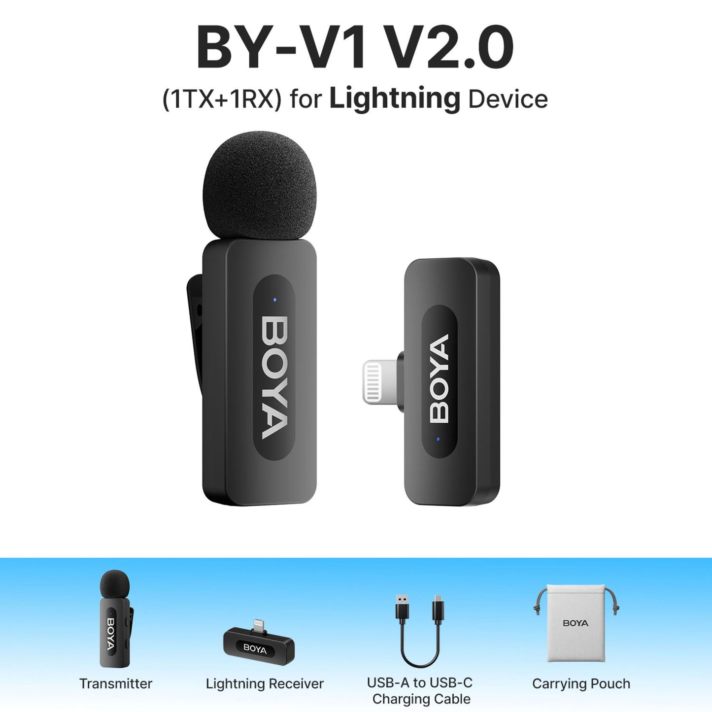 Boya BY-V10 trådløs mikrofon med Lightning-stik, støjreduktion, afsender, modtager, USB-A til USB-C kabel og opbevaringspose.