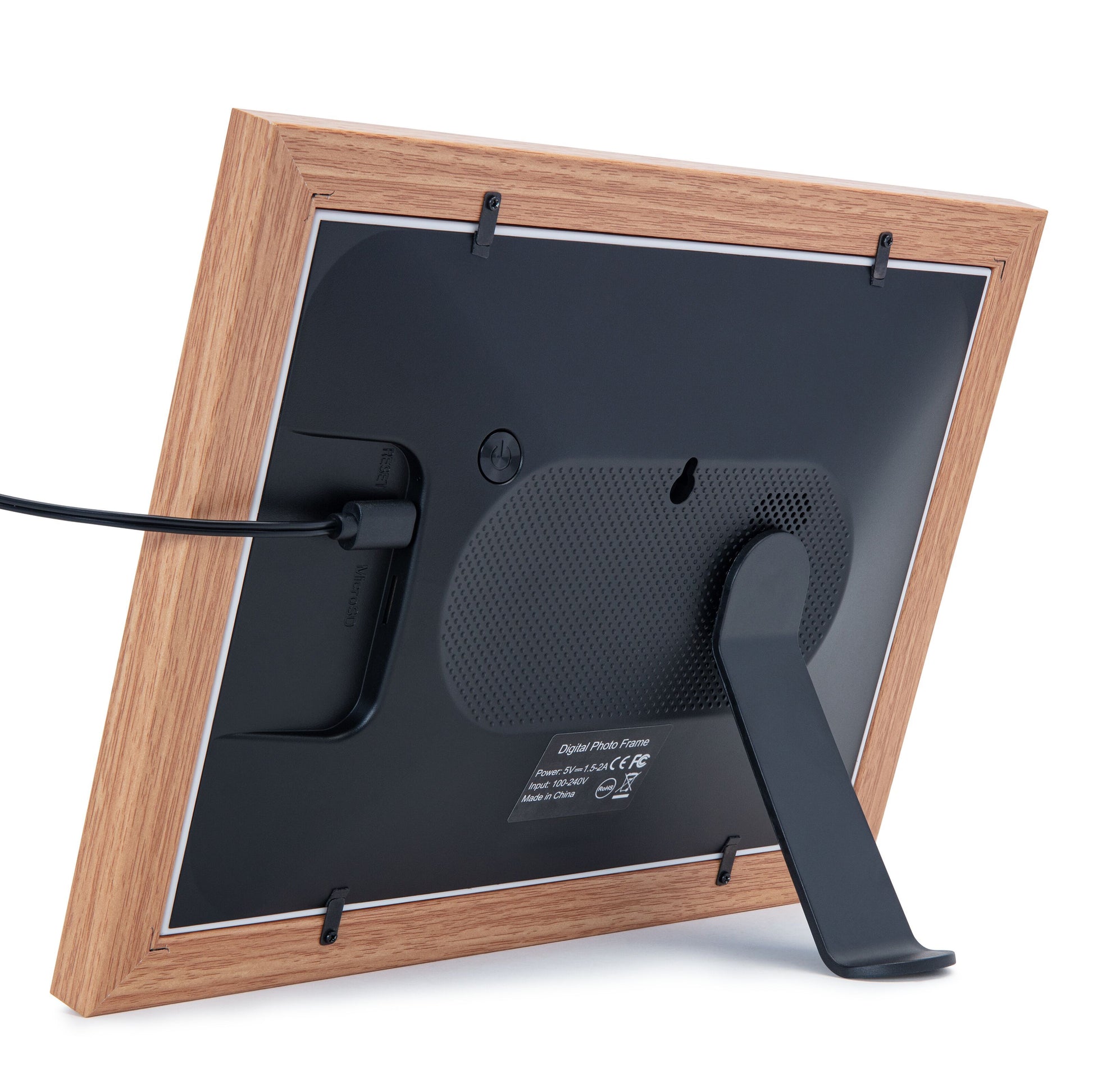 Plexgear digital billedramme 10,1" e-laminat, wifi, trælook ramme, strømstik, sort fod og beslag, Frameo app support.