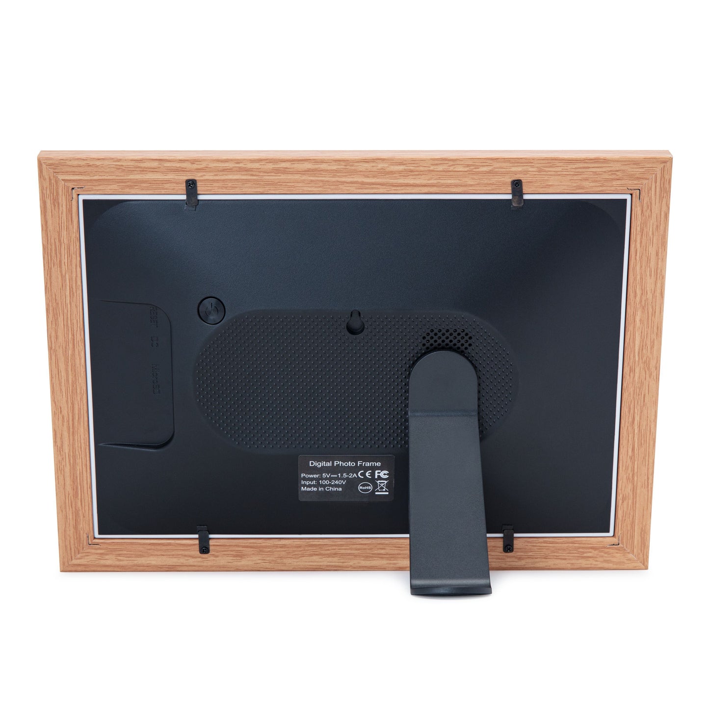 Plexgear digital billedramme 10,1" wifi e-laminat bagside med trælook kant, sort stander, monteringsklips og højtalergrill.
