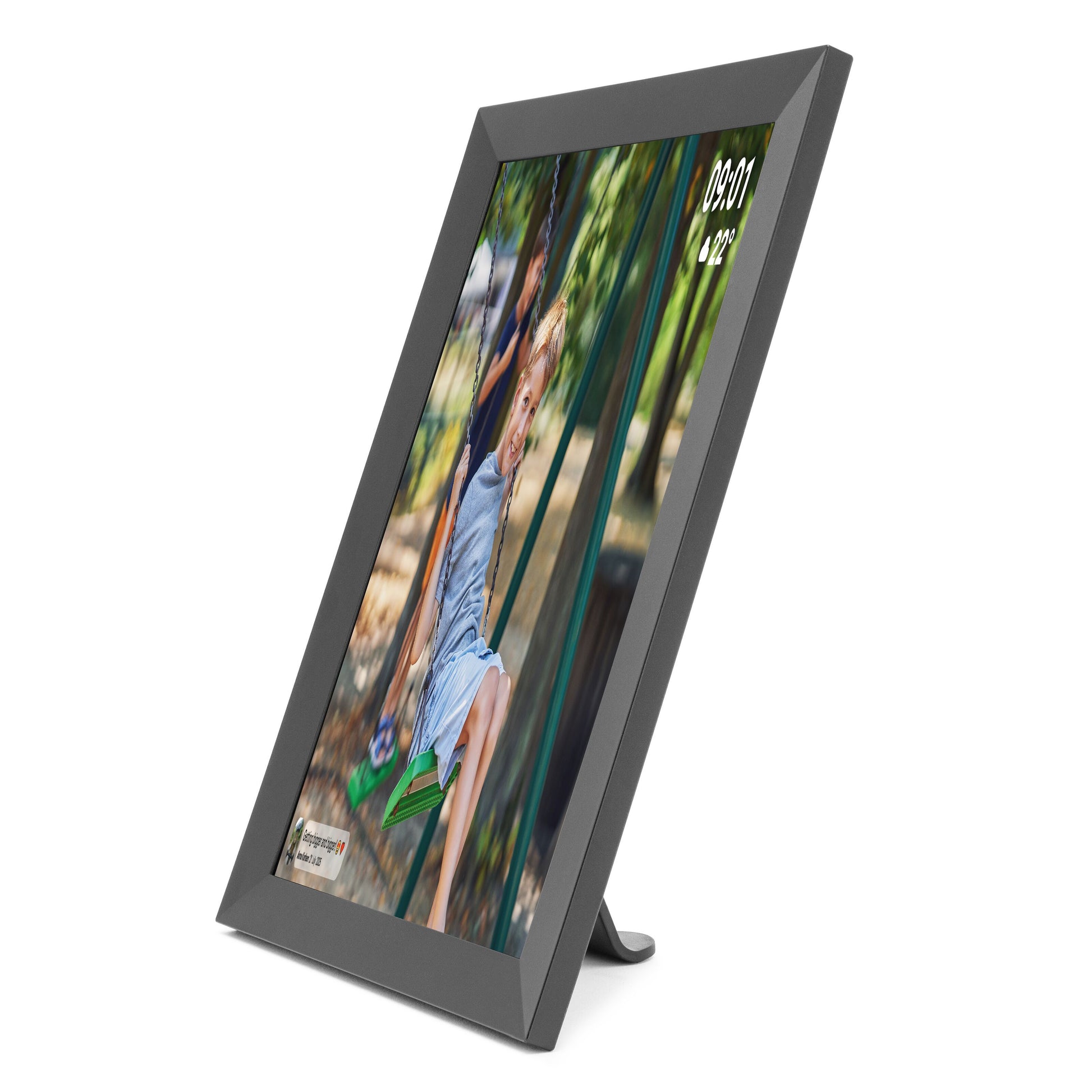 Plexgear digital billedramme 10,1" sort, wifi, stående format, viser ur og vejr, Frameo app-kompatibel, integreret stander.