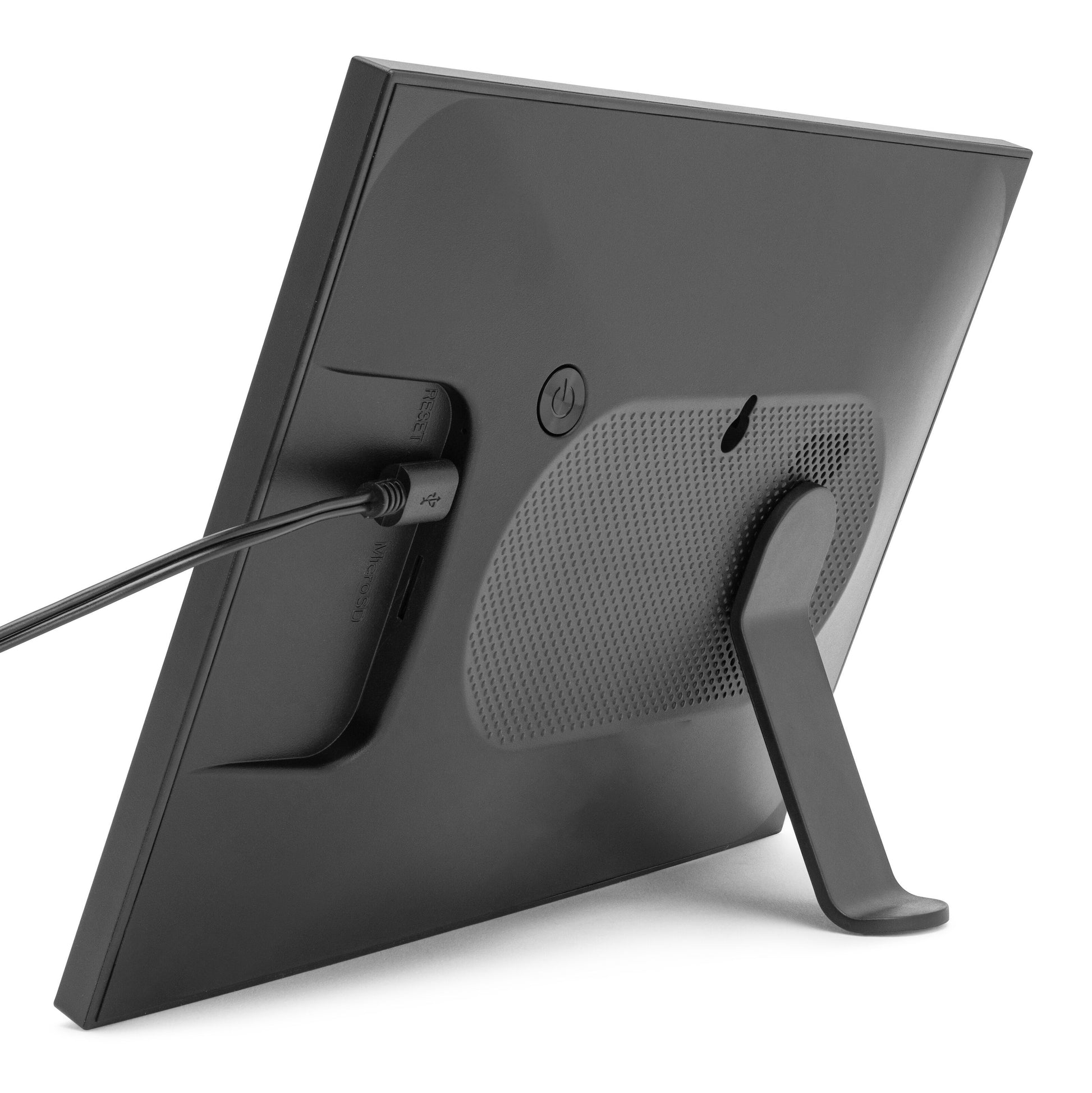 Plexgear digital billedramme 10,1" sort med wifi, bagudvendt stander, tænd/sluk-knap, højttalerfelt og side-strømport.