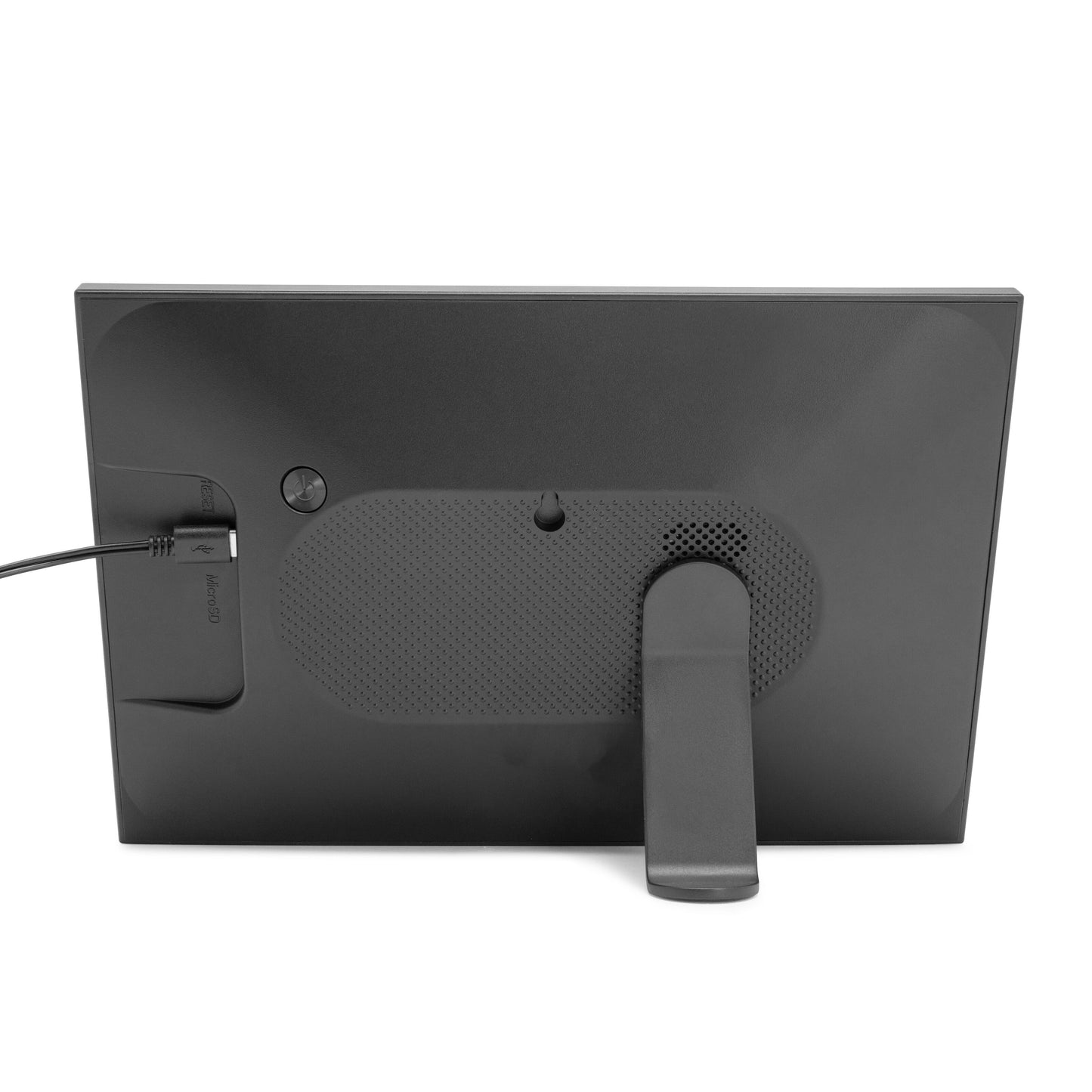 Plexgear digital billedramme 10,1" sort, bagside med stander, højttalergitter og strømstik, wifi og Frameo app integration.