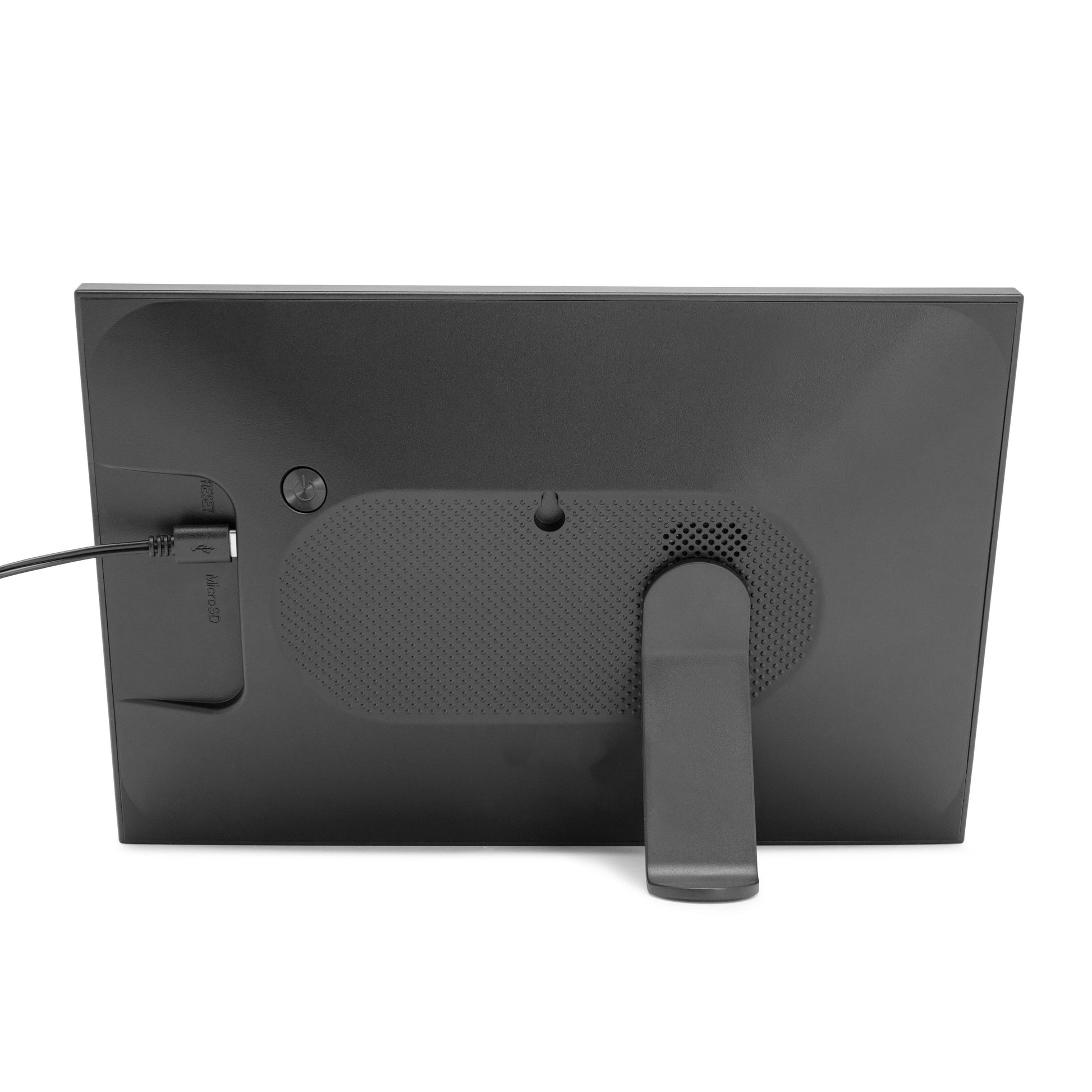 Plexgear digital billedramme 10,1" sort, bagside med stander, højttalergitter og strømstik, wifi og Frameo app integration.