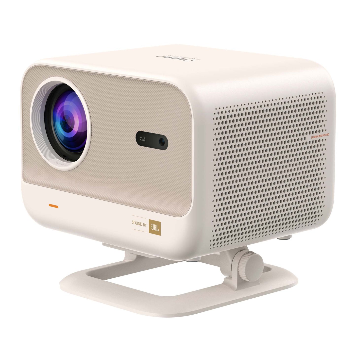 Yaber L2 Plus Full HD projektor i beige med stor linse, sideventilation, justerbart stativ og JBL-logo på fronten.
