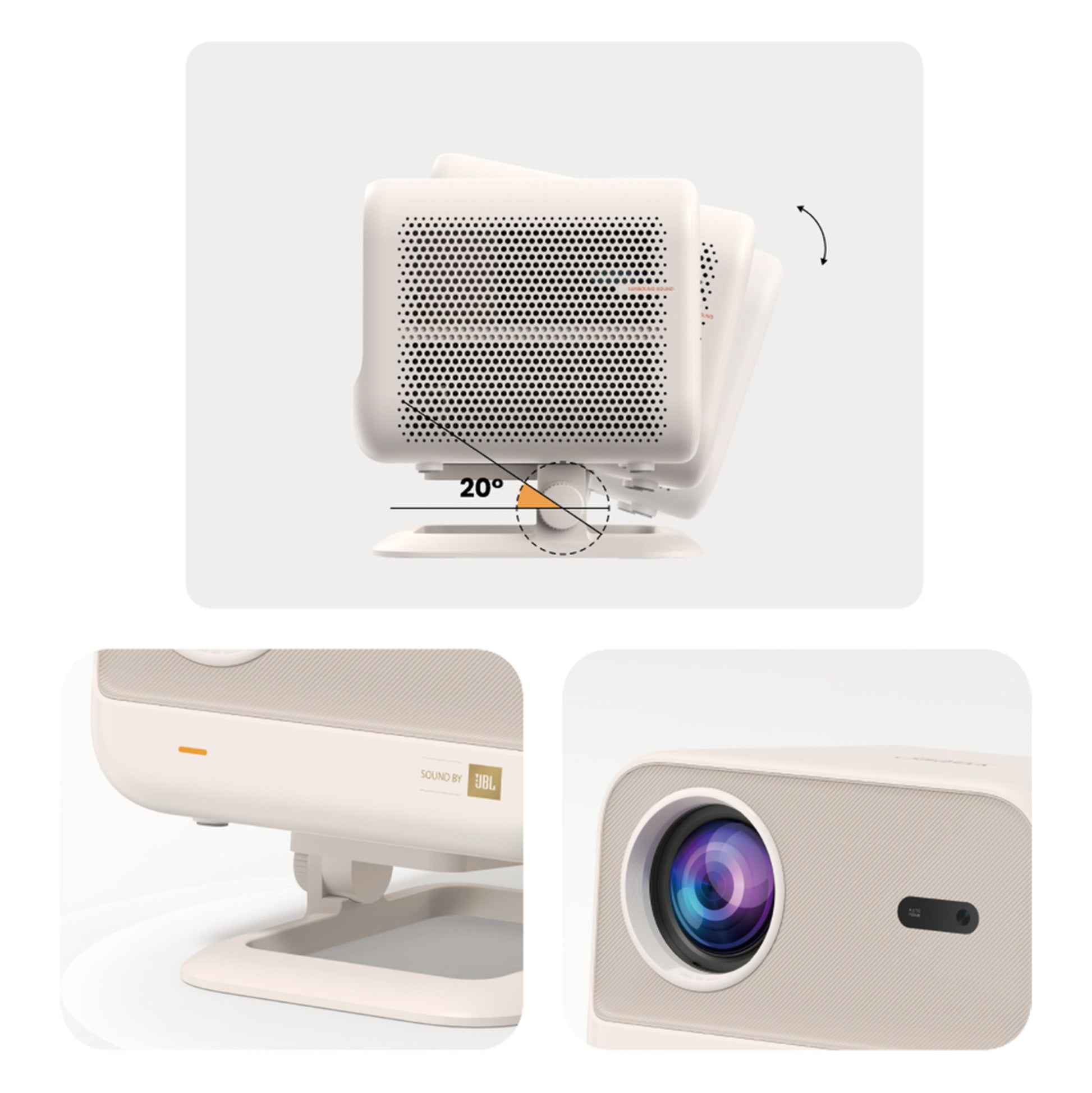 Yaber L2 Plus Full HD-projektor med 20° tiltstativ, JBL-logo på højttalergitter og bredformatlinse vises fra flere vinkler.