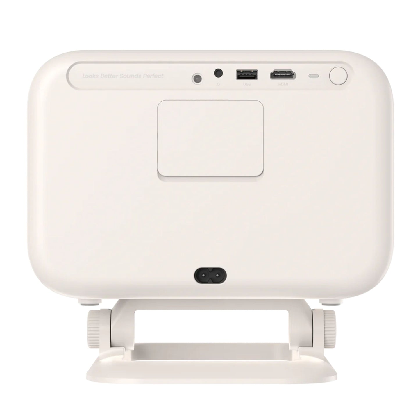 Yaber L2 Plus Full HD projektor bagpanel med porte, knapper og justerbar base, tekst over porte: Ser bedre ud Lyder perfekt med JBL.