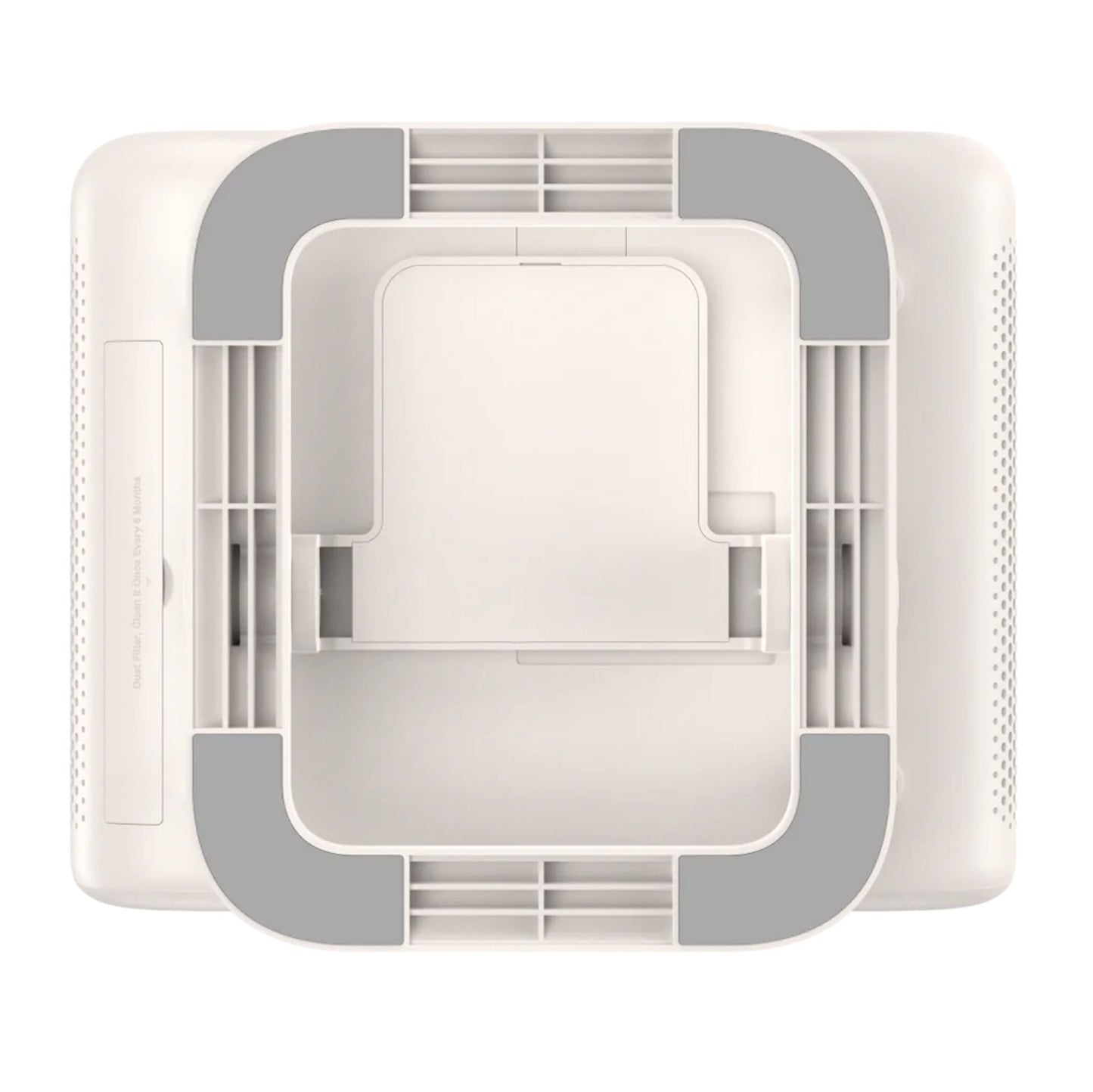 Yaber L2 Plus Full HD projektor og hvid/grå luftrenser med ventilationsriller, set oppefra.