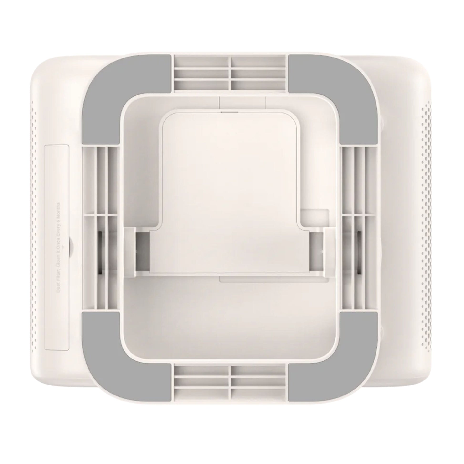 Yaber L2 Plus Full HD projektor og hvid/grå luftrenser med ventilationsriller, set oppefra.