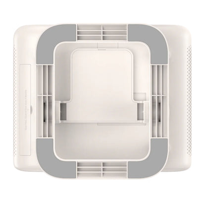 Yaber L2 Plus Full HD projektor og hvid/grå luftrenser med ventilationsriller, set oppefra.