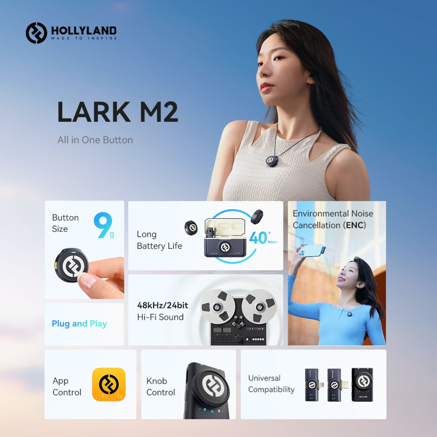 Hollyland Lark M2 Combo trådløst mikrofonsystem med kompakt mikrofon, 40t batteri, støjreduktion, app- og knapstyring.