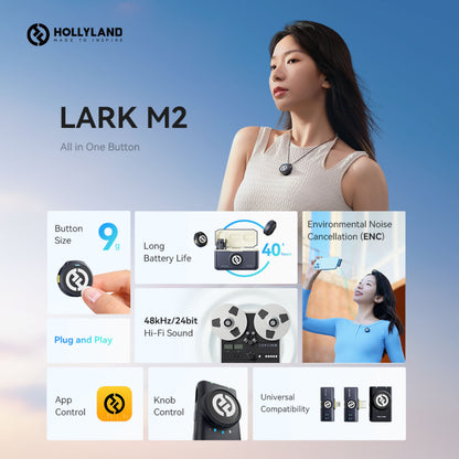 Hollyland Lark M2 Combo trådløst mikrofonsystem med kompakt mikrofon, 40t batteri, støjreduktion, app- og knapstyring.