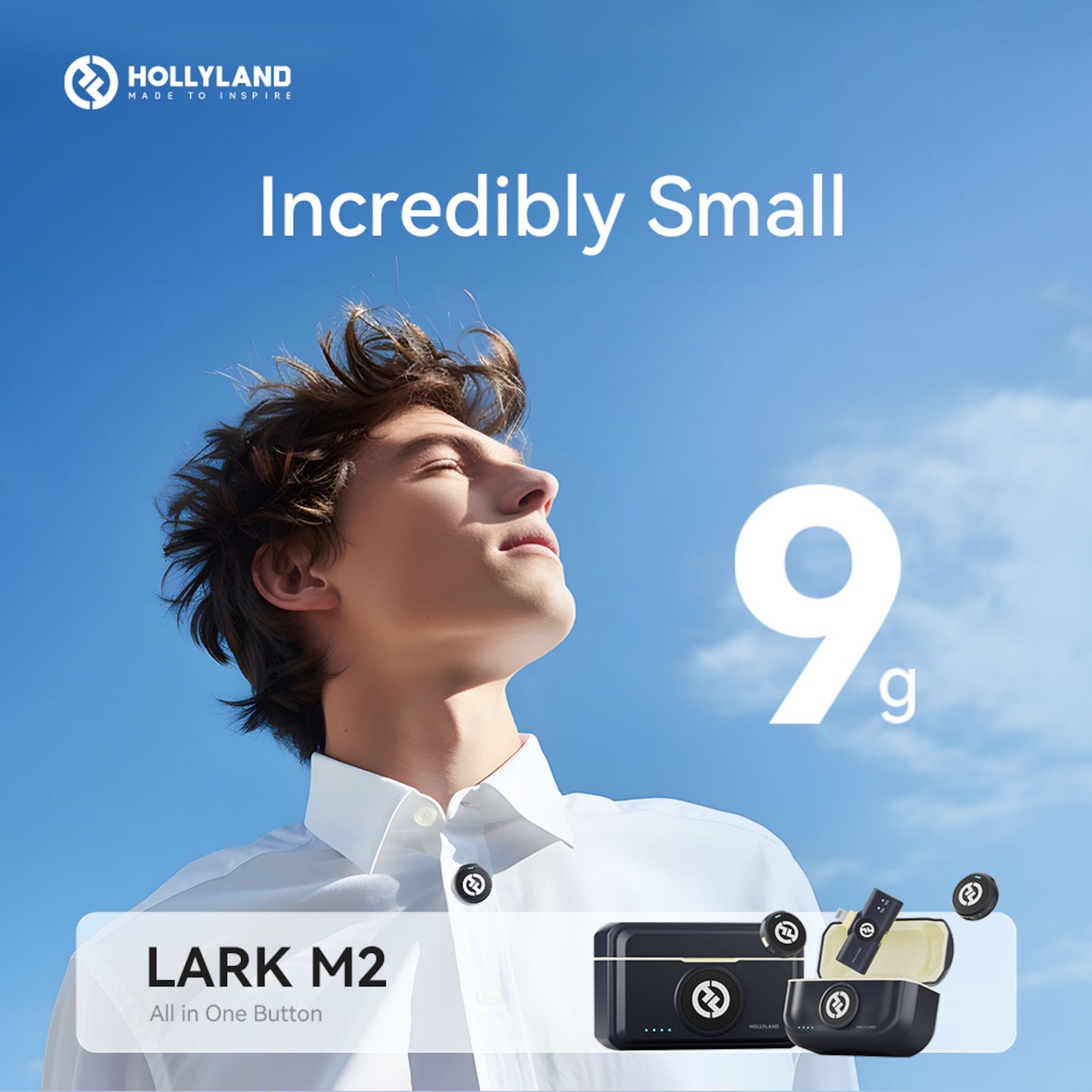 Hollyland Lark M2 Combo trådløst mikrofonsystem, tekst "Incredibly Small 9g" synlig i billedet.