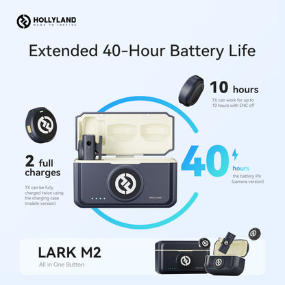Hollyland Lark M2 Combo trådløst mikrofonsystem med etui, sender, op til 40 t batteri USB-C og Lightning-understøttelse.
