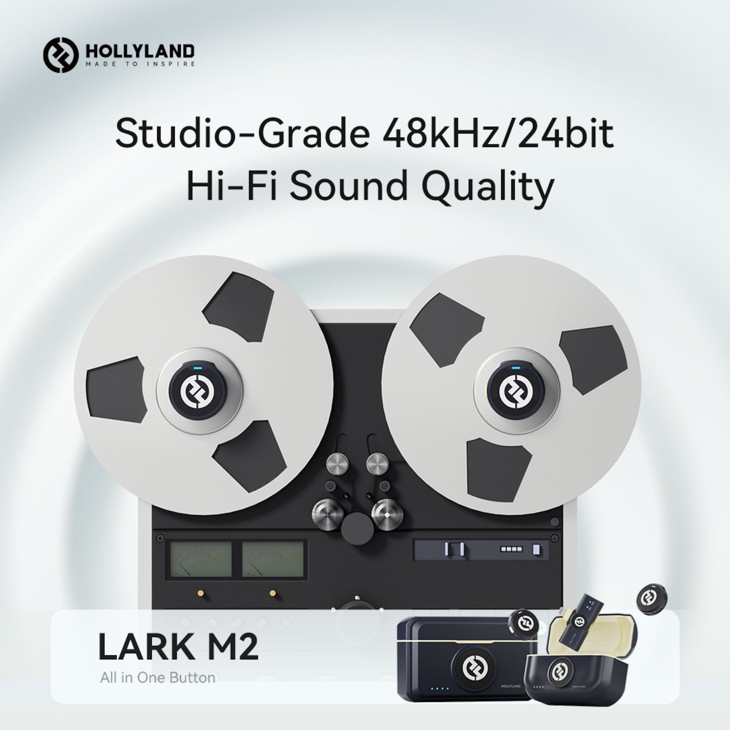 Hollyland Lark M2 Combo trådløst mikrofonsystem med USB-C mikrofon, tekst: Studio-klasse 48kHz/24bit Hi-Fi lydkvalitet.