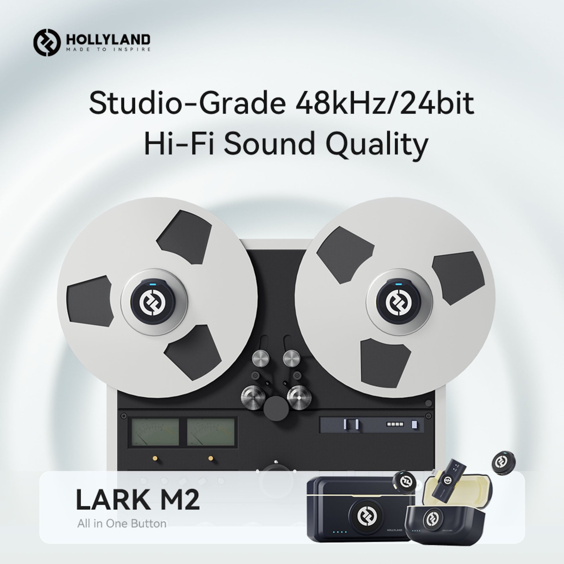 Hollyland Lark M2 Combo trådløst mikrofonsystem med USB-C mikrofon, tekst: Studio-klasse 48kHz/24bit Hi-Fi lydkvalitet.