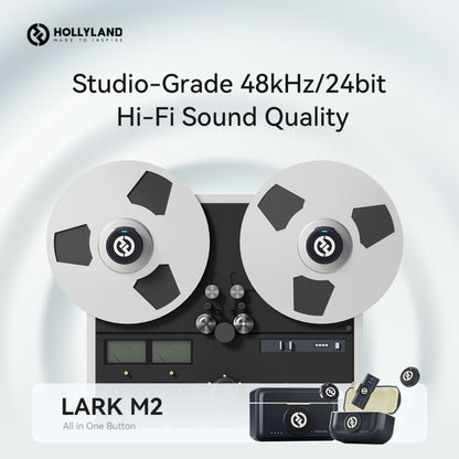 Hollyland Lark M2 Combo trådløst mikrofonsystem med USB-C mikrofon, tekst: Studio-klasse 48kHz/24bit Hi-Fi lydkvalitet.
