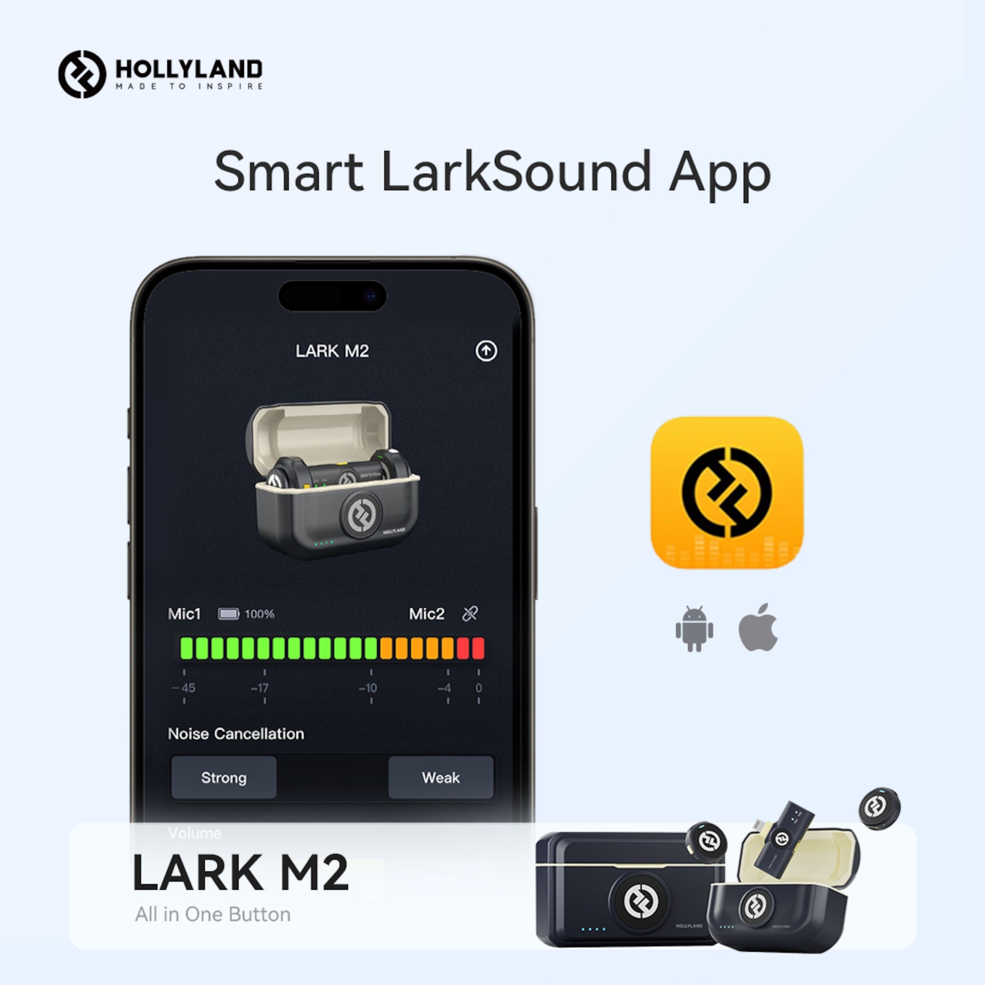 Hollyland Lark M2 Combo trådløst mikrofonsystem med app-visning og ikoner til Android, iOS, USB-C og Lightning kompatibilitet.