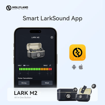 Hollyland Lark M2 Combo trådløst mikrofonsystem med app-visning og ikoner til Android, iOS, USB-C og Lightning kompatibilitet.
