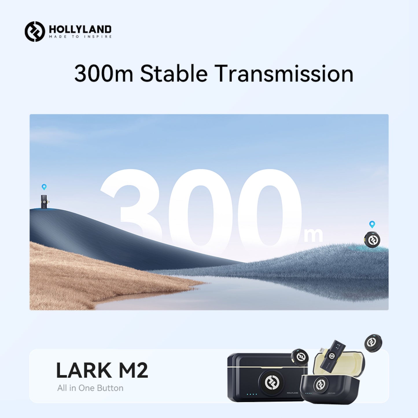 Hollyland Lark M2 Combo trådløst mikrofonsystem med lydudstyr og stort "300m" i centrum, naturskøn baggrund.