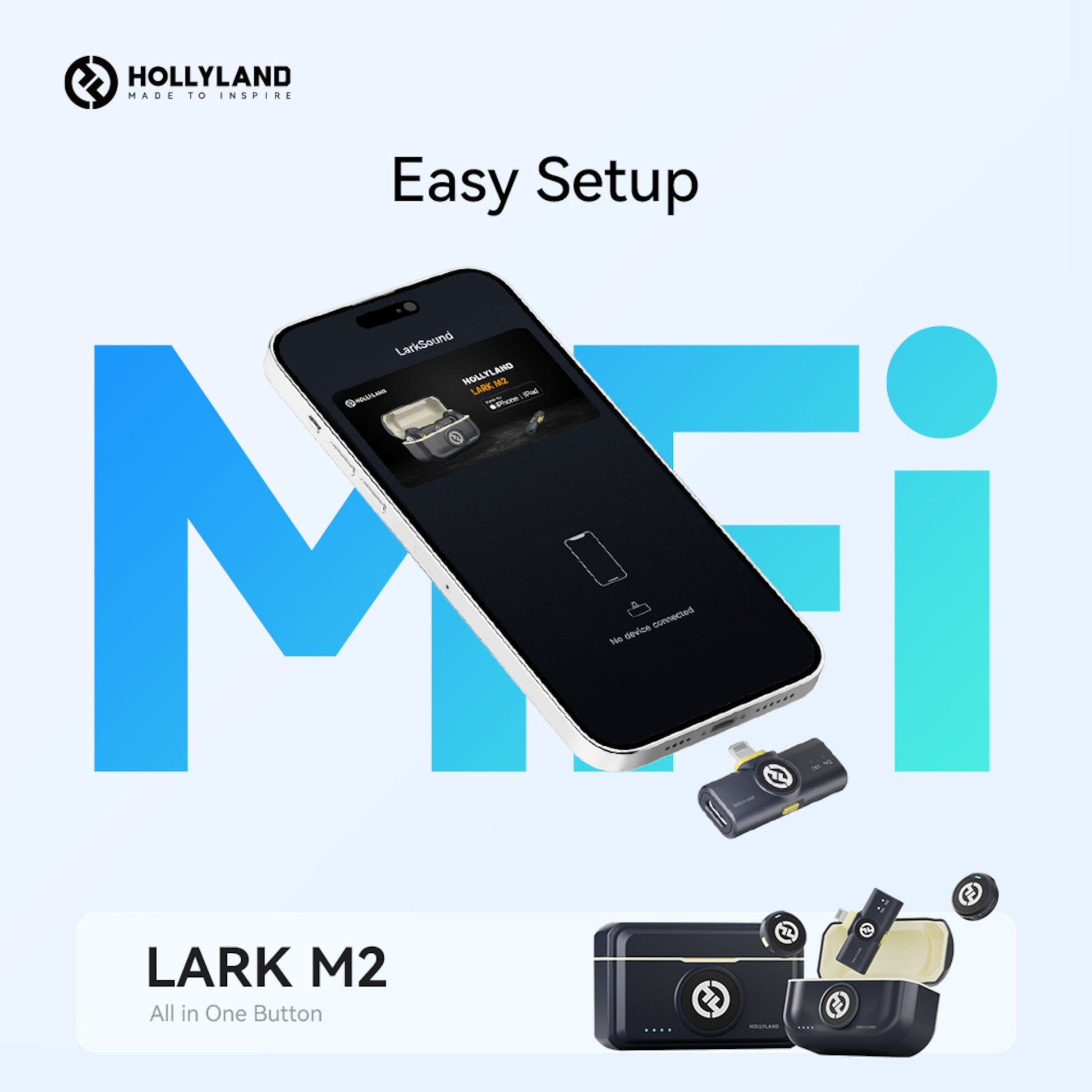 Hollyland Lark M2 Combo trådløst mikrofonsystem, Lightning mikrofon, ladeetui og MFi logo vises.