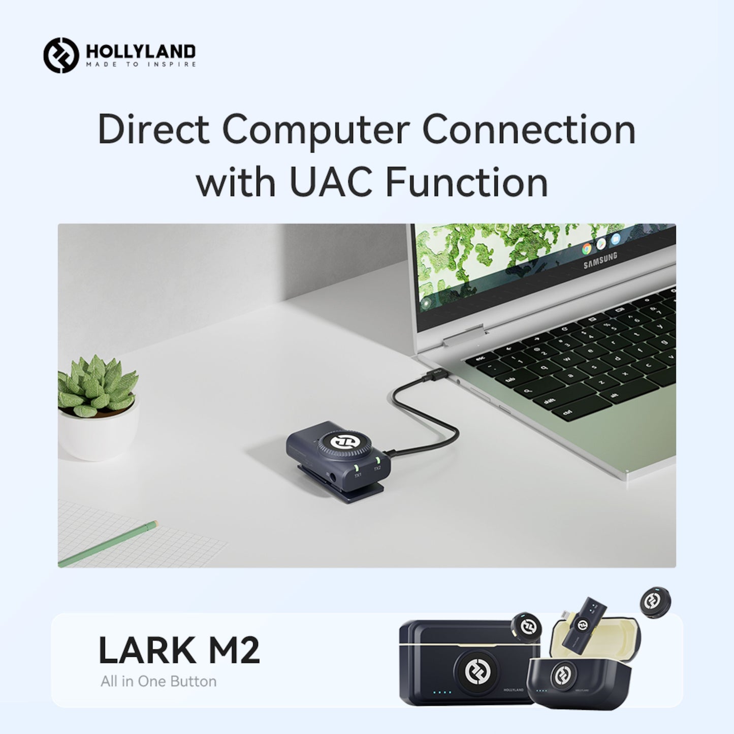 Hollyland Lark M2 Combo trådløst USB-C mikrofonsystem til direkte computerforbindelse via UAC.