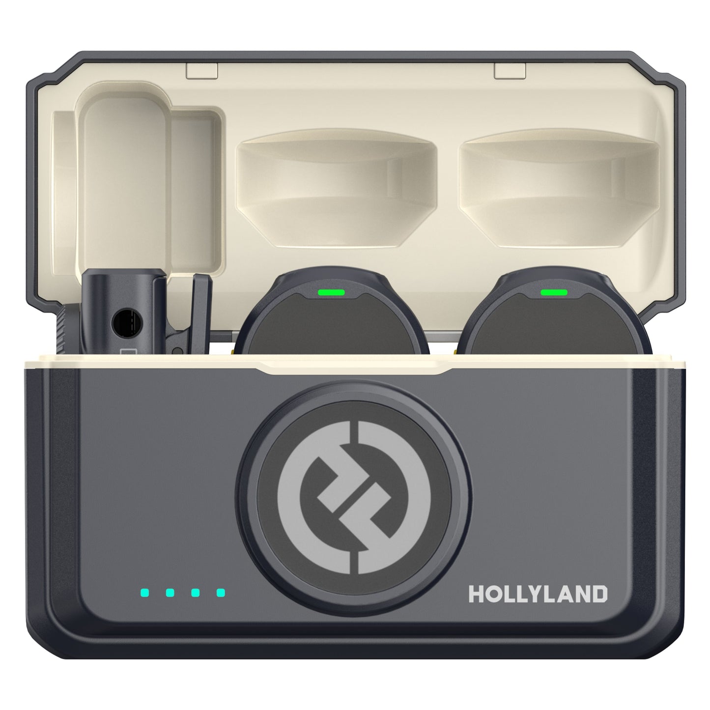 Hollyland Lark M2 Combo trådløst mikrofonsystem sort/beige, åben opladeetui med to runde mikrofoner og blå LED-lys.