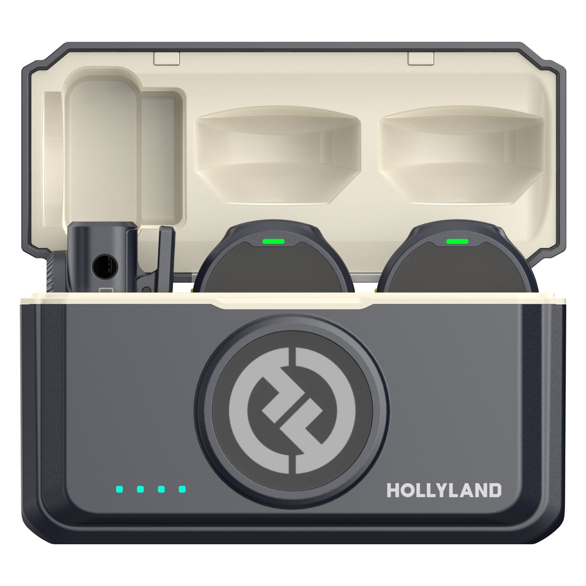 Hollyland Lark M2 Combo trådløst mikrofonsystem sort/beige, åben opladeetui med to runde mikrofoner og blå LED-lys.